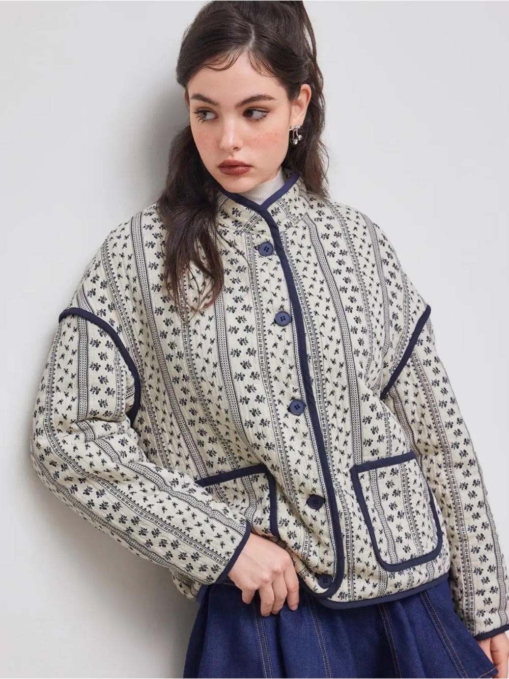 Cider Jacquard Cream and Navy Patterned Quilted Jacket